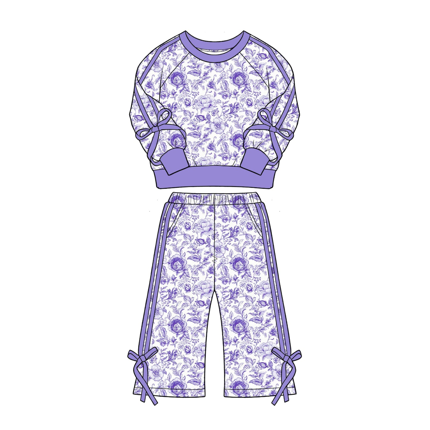 5.1  Kids Coquette Floral Bow Trim Set - Vintage Rose Print Top & Pants Preorder