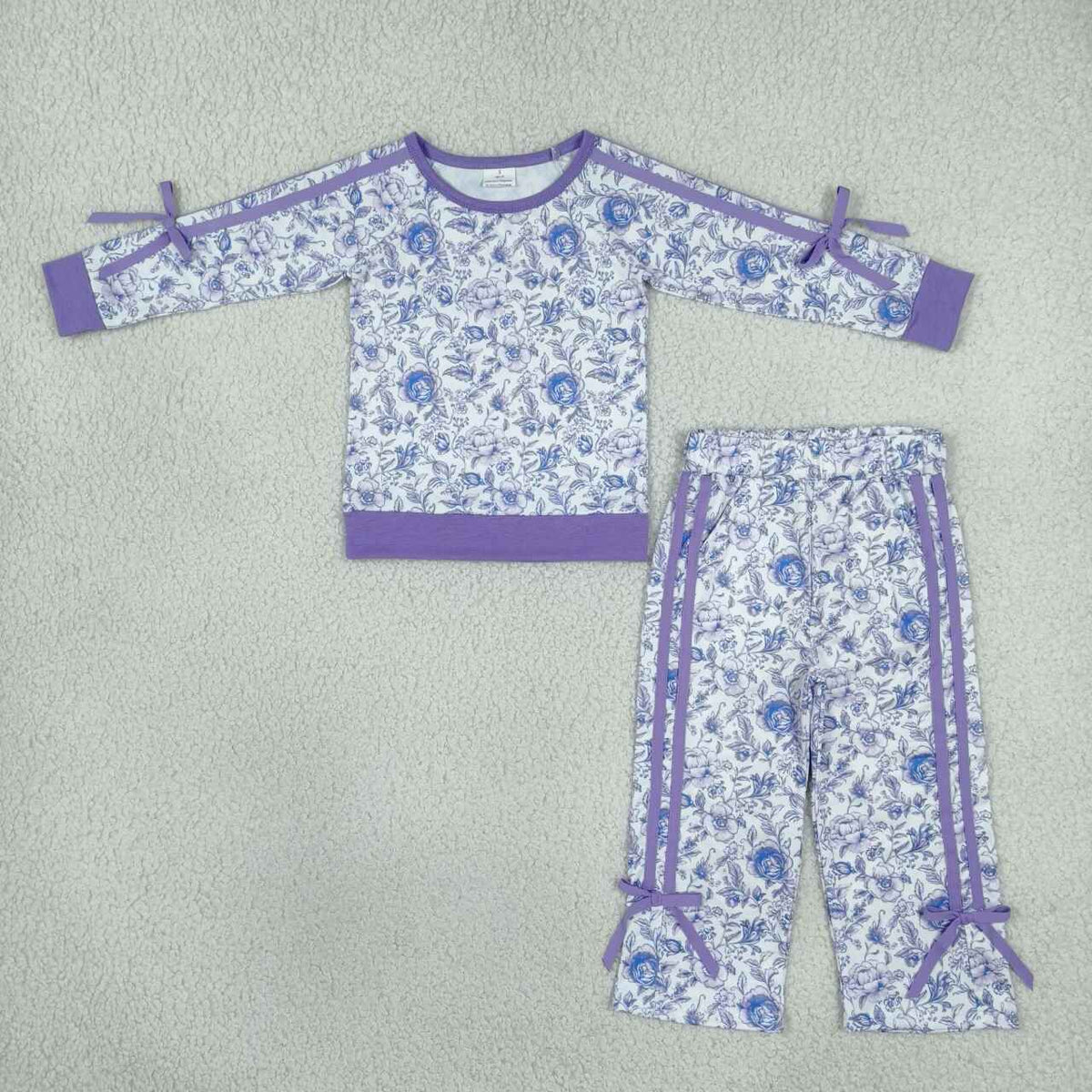 GLP3365 Blue Floral Print Lavender Trim Bow Pockets Pants Girls Clothes Set