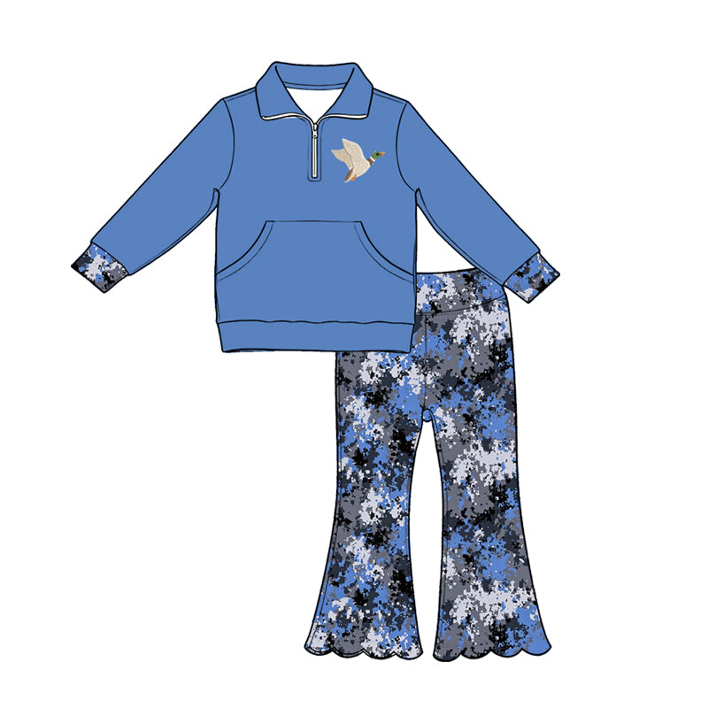 5.1  Girls Hunting Quarter-Zip Pullover+Blue Camo Flare Pants Set Preorder
