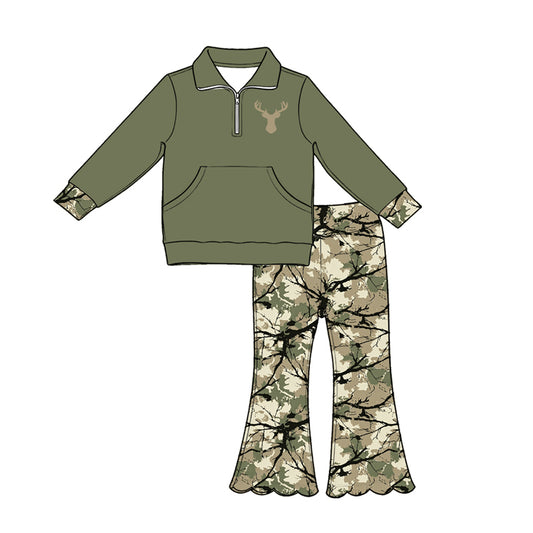 5.1  Kids Girls Hunting Deer Quarter-Zip & Green Camo Bell Bottoms Outfit Preorder