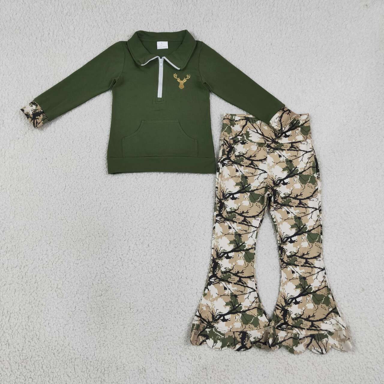 GLP3369 Deer Embroidery Zipper Top Branch Scallop Edge Bell Pants Girls Fall Hunting Clothes Set