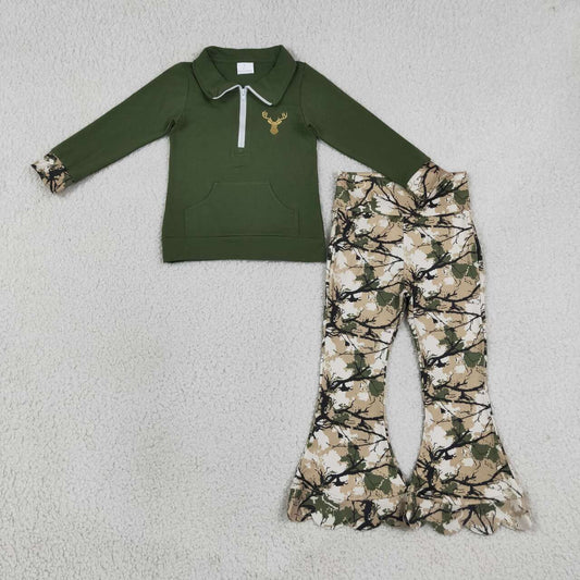 GLP3369 Deer Embroidery Zipper Top Branch Scallop Edge Bell Pants Girls Fall Hunting Clothes Set