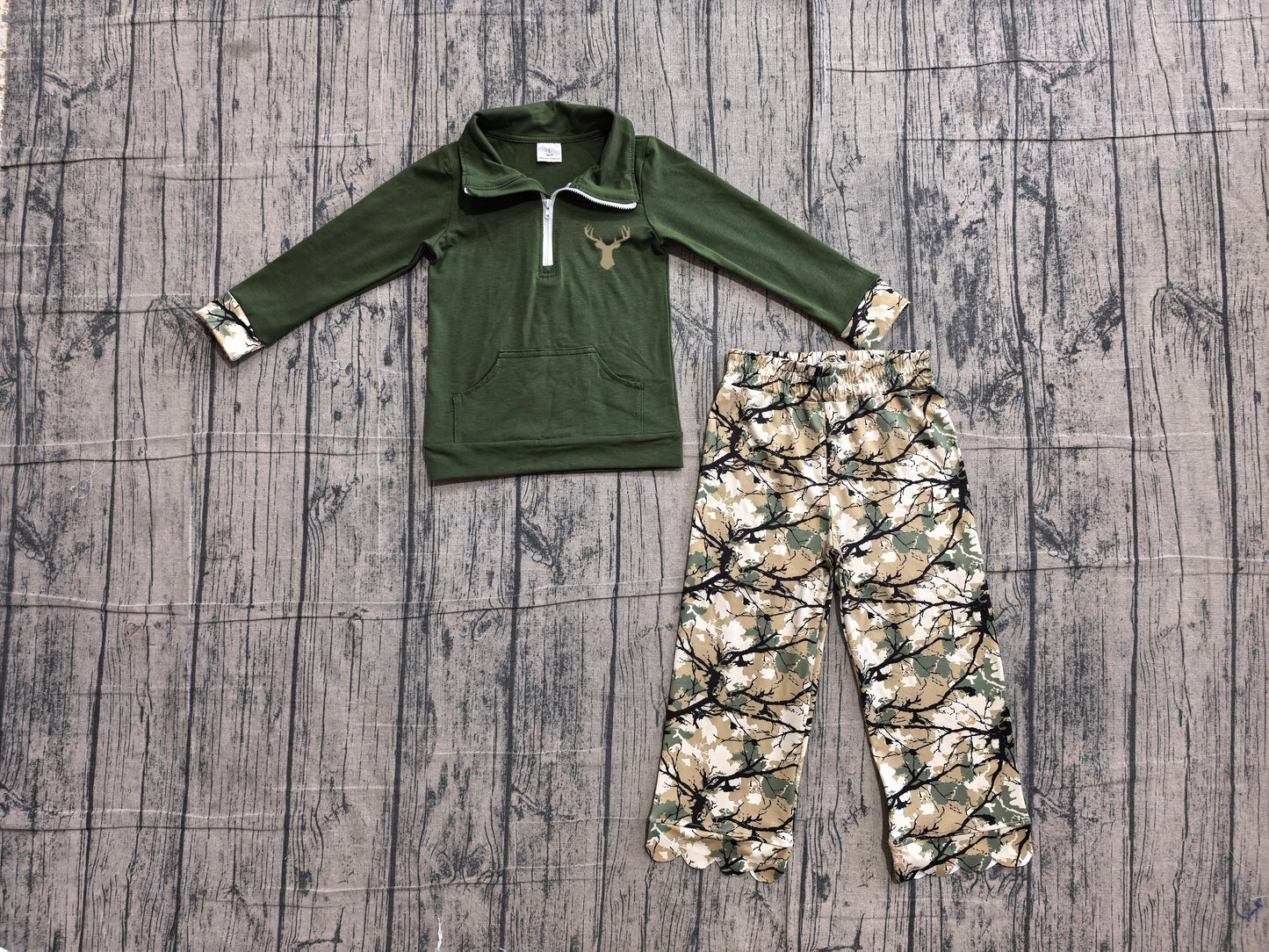 5.1  Kids Girls Hunting Deer Quarter-Zip & Green Camo Bell Bottoms Outfit Preorder