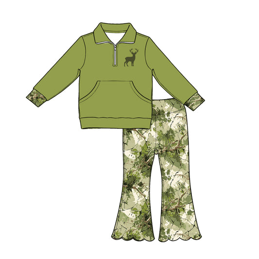 5.1  Kids Girls Hunting  Deer Pullover Top + Forest Camo Flare Pants Outfit Preorder