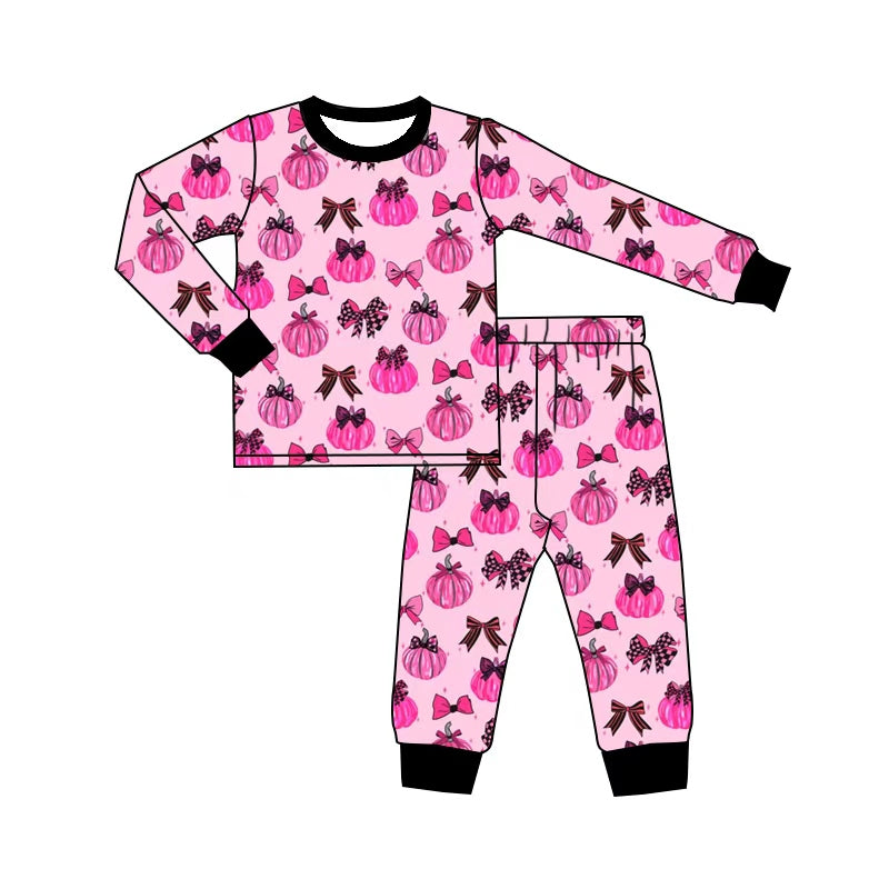 5.1 GLP3375 Pumpkin Bows Pink Baby Girls Fall Pajamas Clothes Set Preorder