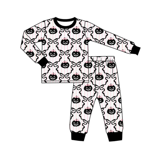 5.1 GLP3378 Pumpkin Bows Stripes Baby Girls Halloween Pajamas Clothes Set Preorder