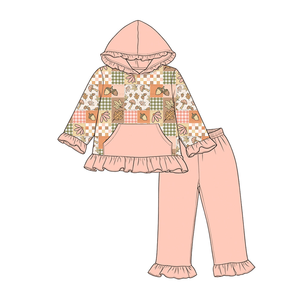 5.9 Girls Pink Fall Patchwork Hoodie Set - Acorn & Leaf Print Ruffle Outfit Preorder