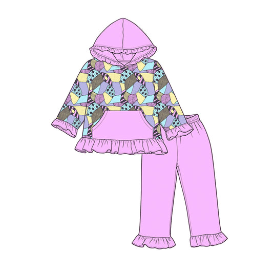 5.9 Girls Purple Retro Patchwork Hoodie Set - Colorful Print Ruffle Outfit Preorder