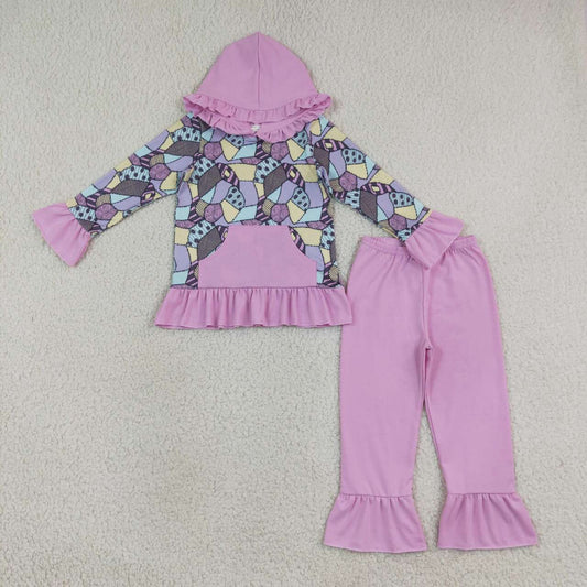 GLP3381 Nightmar* Patchwork Print Hoodie Top Ruffle Pants Girls Pastel Halloween Clothes Set