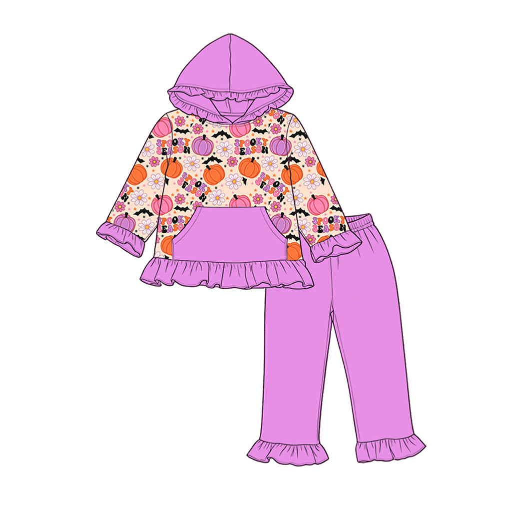 5.9 Girls Purple Spooky Season Hoodie Set - Floral Pumpkin Print Ruffle Outfit Preorder