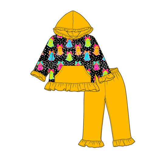 5.9 Girls Yellow Halloween Hoodie Set - Neon Ghost Print Ruffle Outfit Preorder
