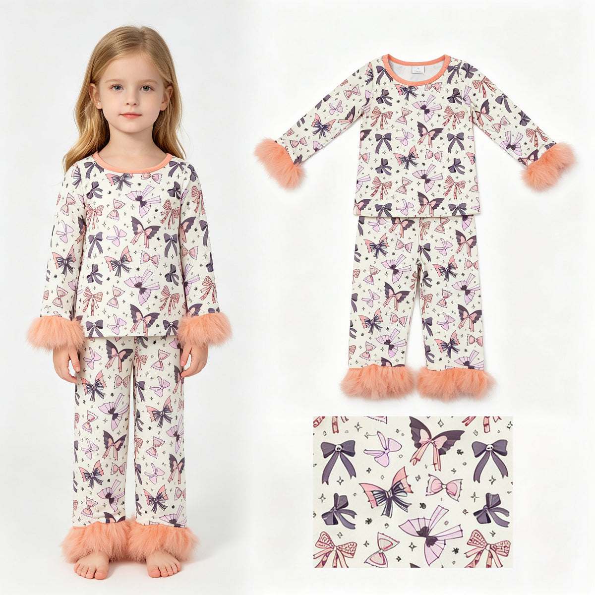 GLP3386 Bows Spiders Print Girls Halloween Fur Pajamas Clothes Set