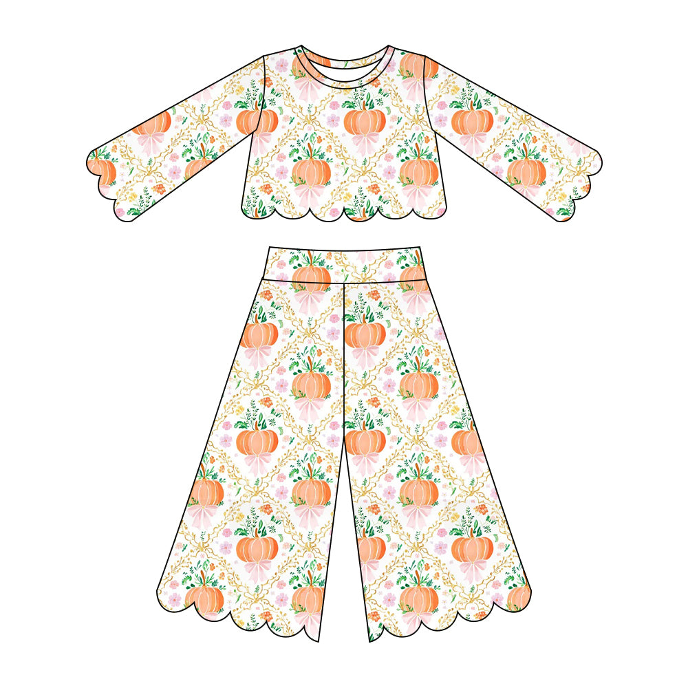 5.15 Preorder GLP3391 Pumpkin Flowers Bows Print Girls Scallop Fall Clothes Set