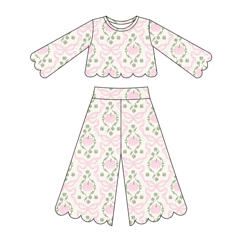 5.15 Preorder GLP3392 Pumpkin Bows Pink Print Girls Scallop Fall Clothes Set