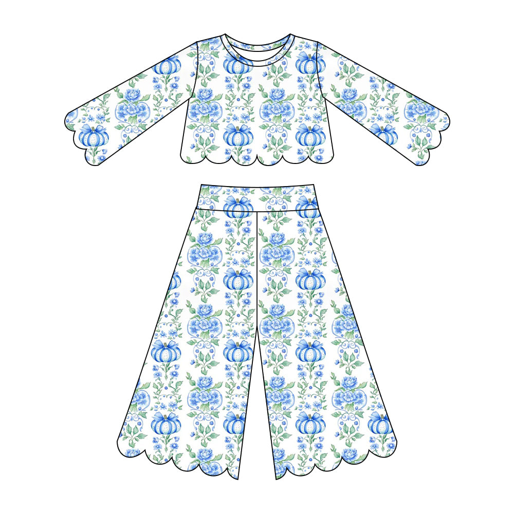 5.15 Preorder GLP3393 Pumpkin Blue Flowers Print Girls Scallop Fall Clothes Set