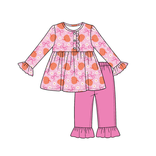 5.18 Preorder Baby Girls Fall Pink Pumpkin & Bow Print Tunic Top witn Pants Outfit