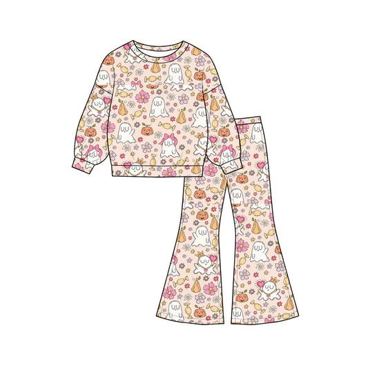 5.20 GLP3400 Preorder Ghost Candy Flowers Pumpkin Print Bell Pants Girls Halloween Clothes Set