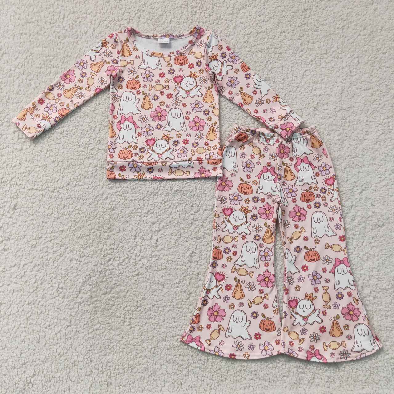 Sibling Baby Girls Halloween Ghost Pumpkin Print Bell Bottom Pants Outfit