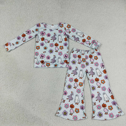 Sibling Baby Girls Ghost Pumpkins Flowers Top Flare Pant Halloween Set