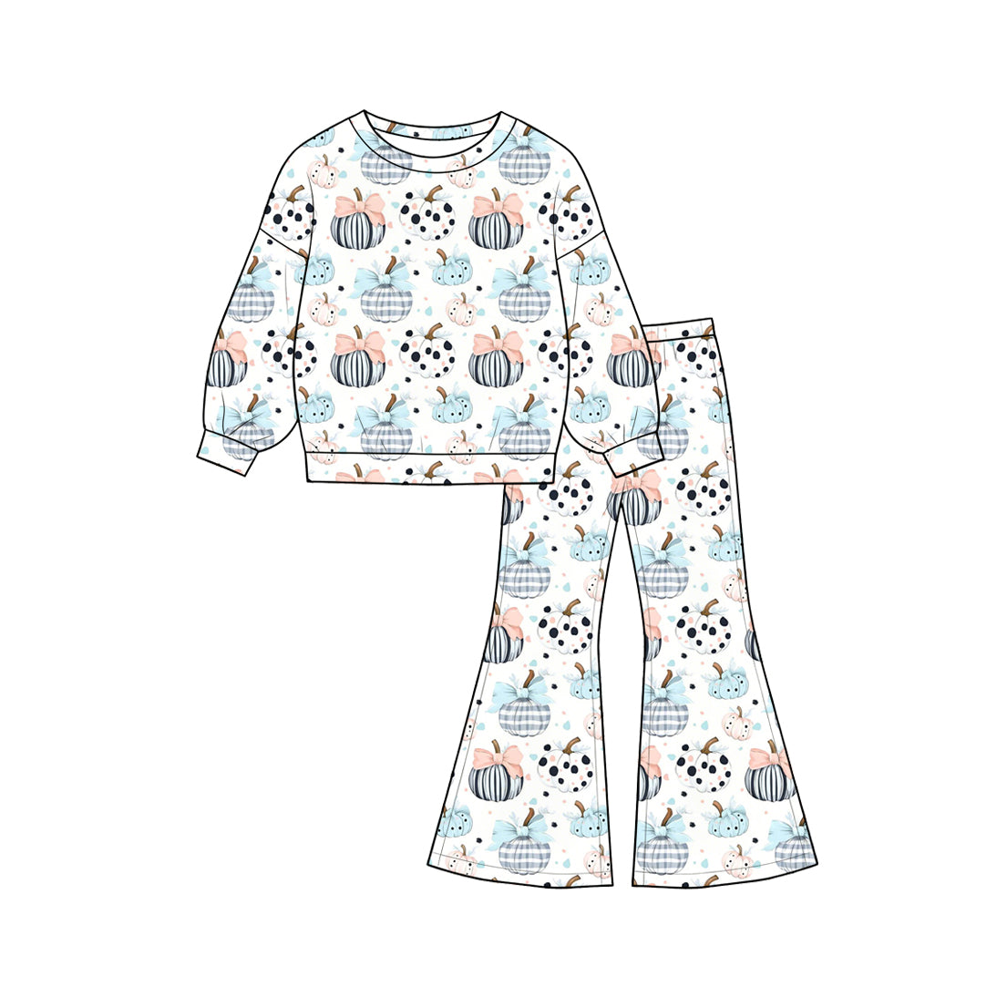 5.20 GLP3403 Preorder Pumpkin Bows Print Bell Pants Girls Fall Clothes Set