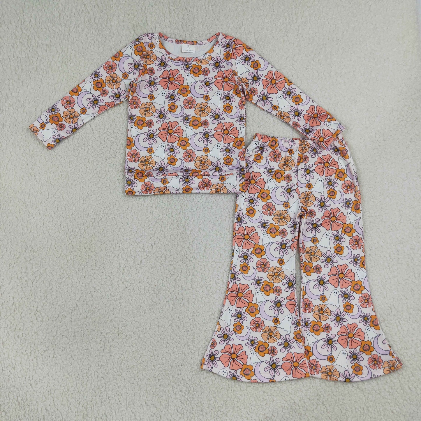 Sibling Baby Girls Halloween Ghost Pumpkin Print Bell Bottom Pants Outfit