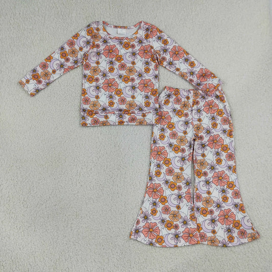 Sibling Baby Girls Ghost Pumpkins Flowers Top Flare Pant Halloween Set
