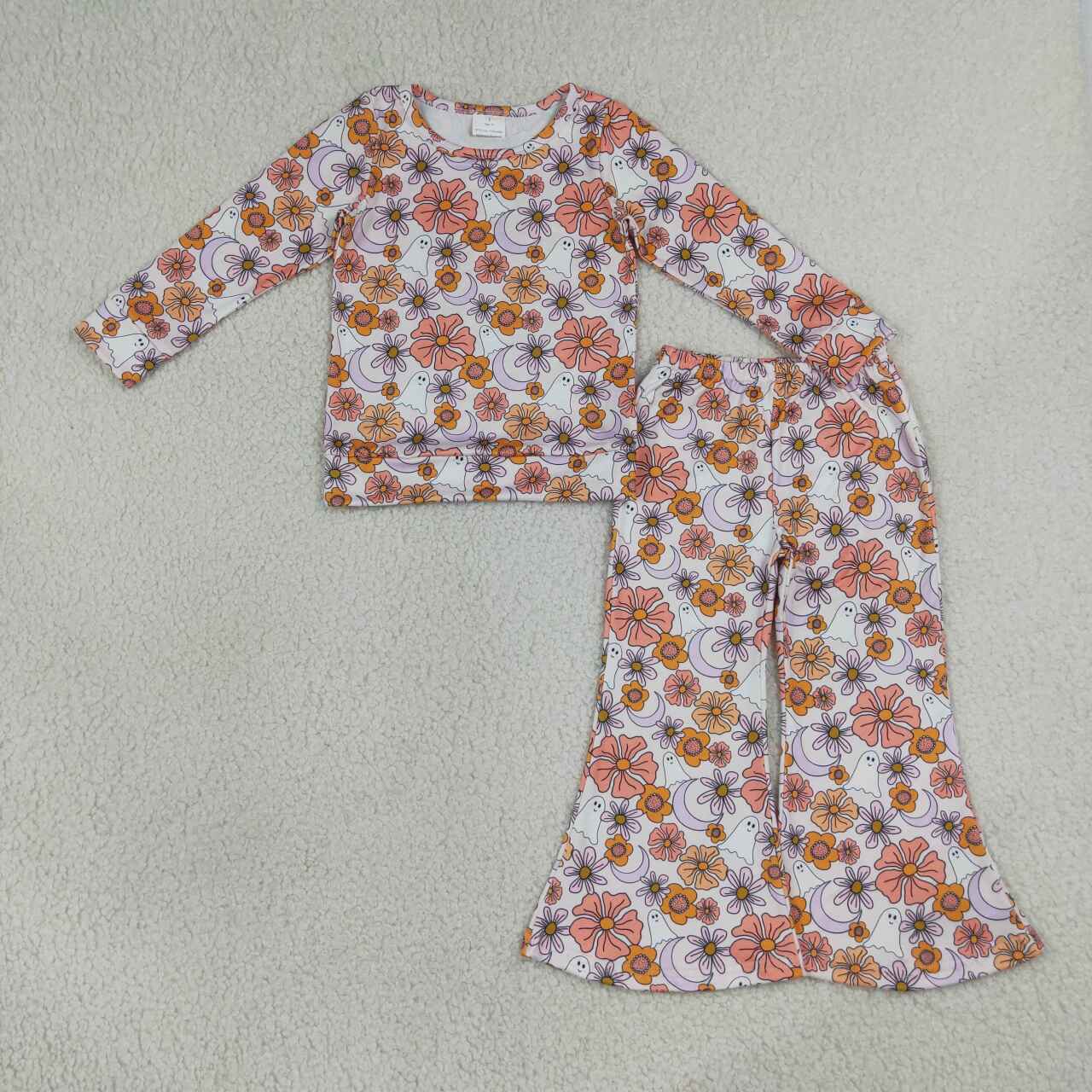 GLP3404 Ghost Flowers Print Bell Pants Girls Halloween Clothes Set