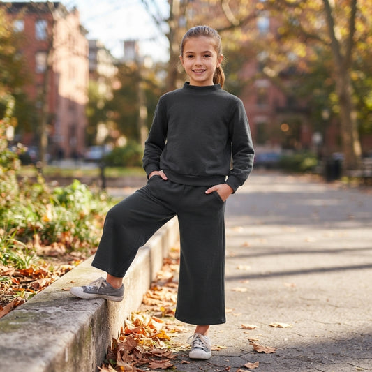 GLP3411 Black Color Mock Neck Long Sleeve Top Pocket Pants Girls Cotton Clothes Set