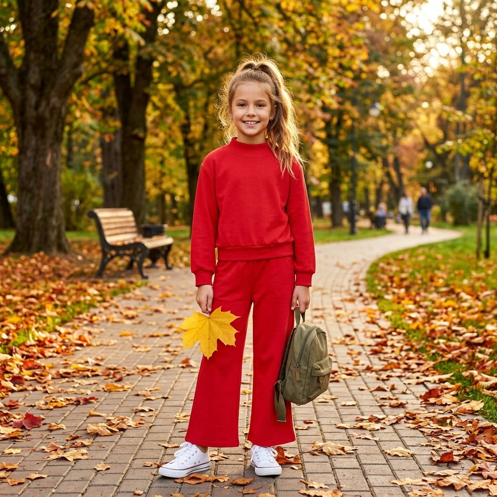 GLP3412 Red Color Long Sleeve Mock Neck Top Pocket Pants Girls Cotton Clothes Set