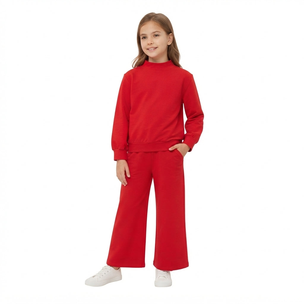 GLP3412 Red Color Long Sleeve Mock Neck Top Pocket Pants Girls Cotton Clothes Set