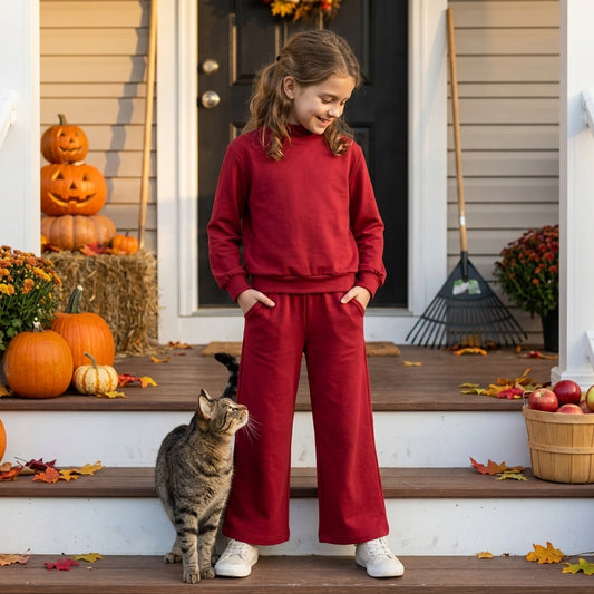 GLP3413 Wine Color Long Sleeve Mock Neck Top Pocket Pants Girls Cotton Clothes Set