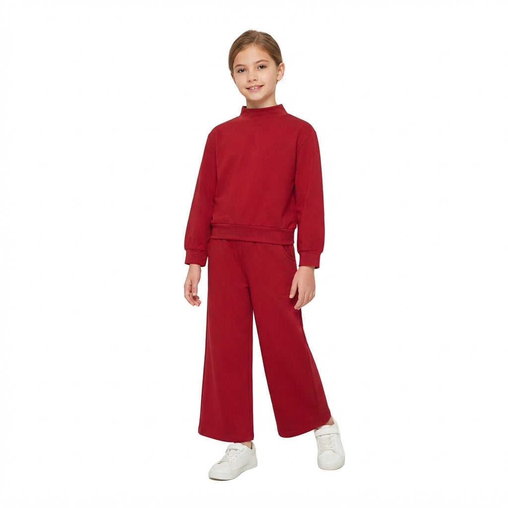 Mommy and Me Maroon Solid Color Cotton Long Sleeve Top Pants Outfit