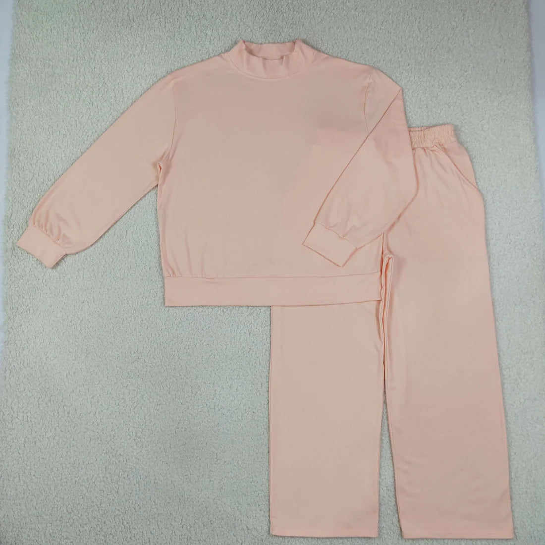Sibling Adult Solid Color Cotton Mock Neck Long Sleeve Top Wide Leg Pants Outfit