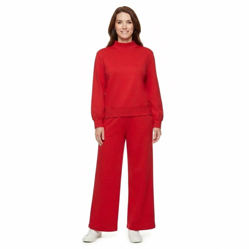 GLP3417 Adult Red Color Long Sleeve Mock Neck Top Pocket Pants Woman Cotton Clothes Set