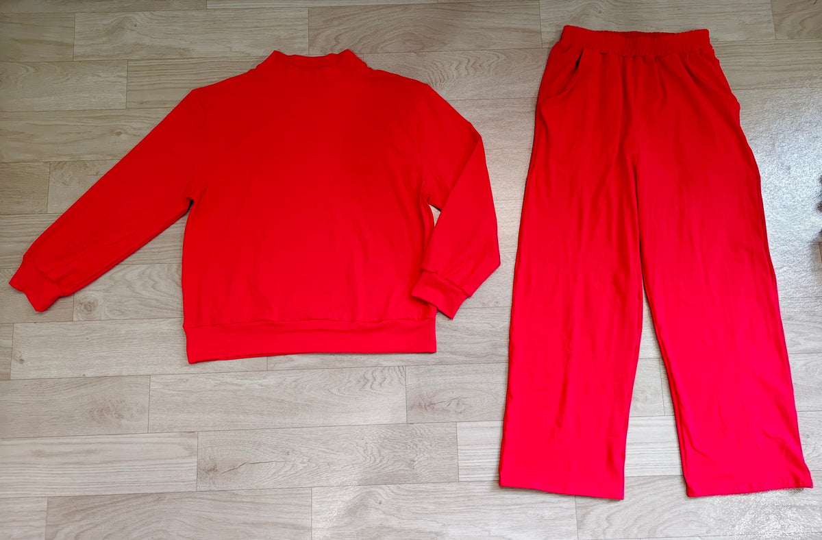 6.23 Preorder GLP3417 Red Color Long Sleeve Top Pocket Pants Woman Cotton Clothes Set