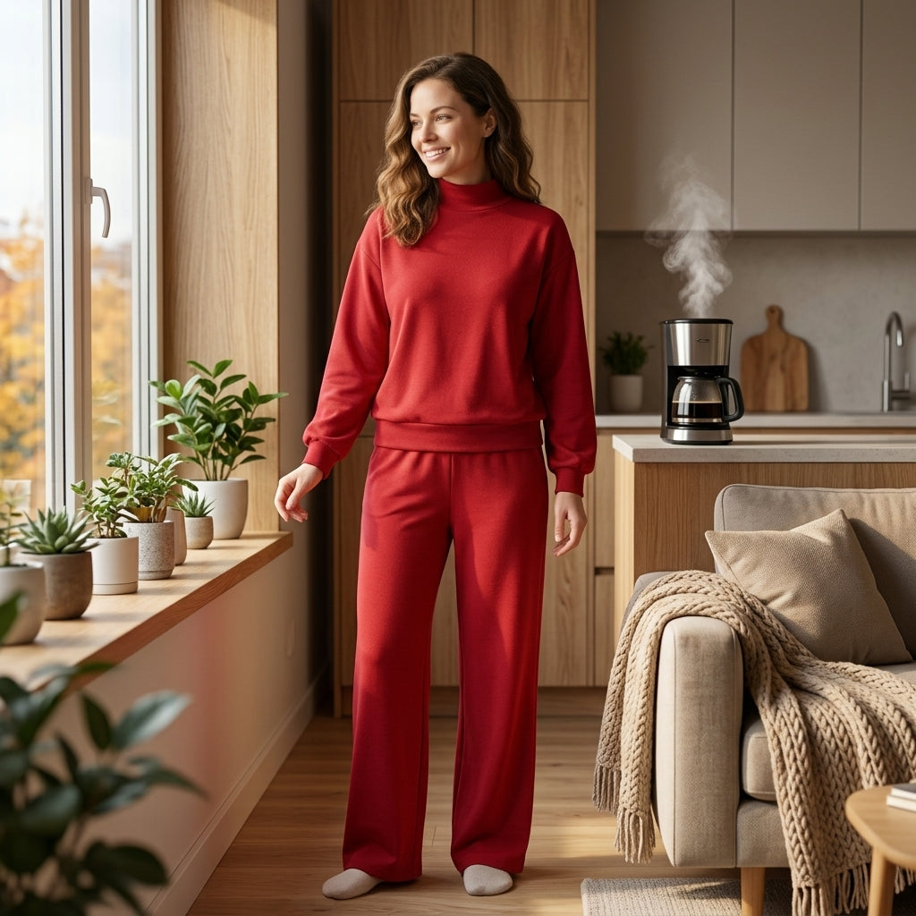 Mommy and Me Maroon Solid Color Cotton Long Sleeve Top Pants Outfit