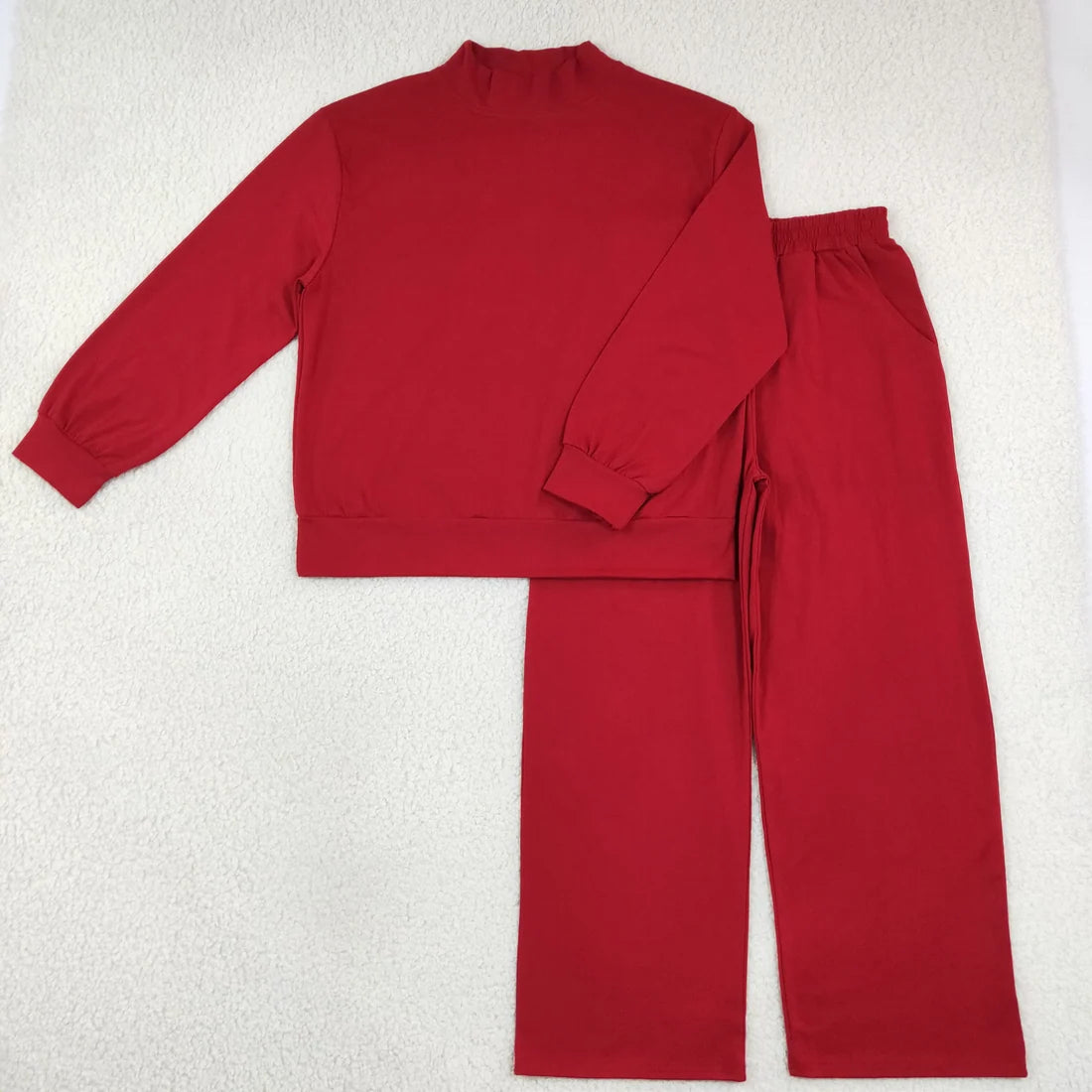 Sibling Adult Solid Color Cotton Mock Neck Long Sleeve Top Wide Leg Pants Outfit
