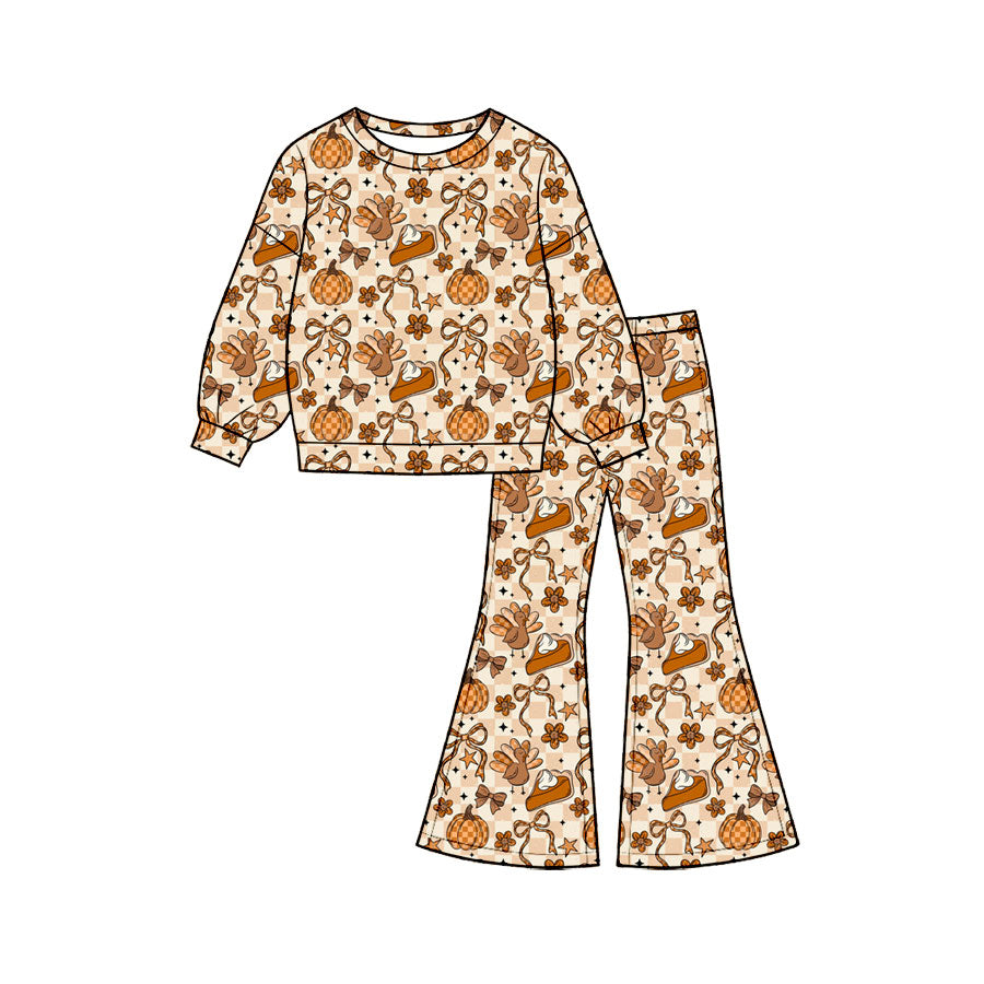 6.24 Preorder GLP3420 Turkey Pie Bows Plaid Print Girls Thanksgiving Clothes Set