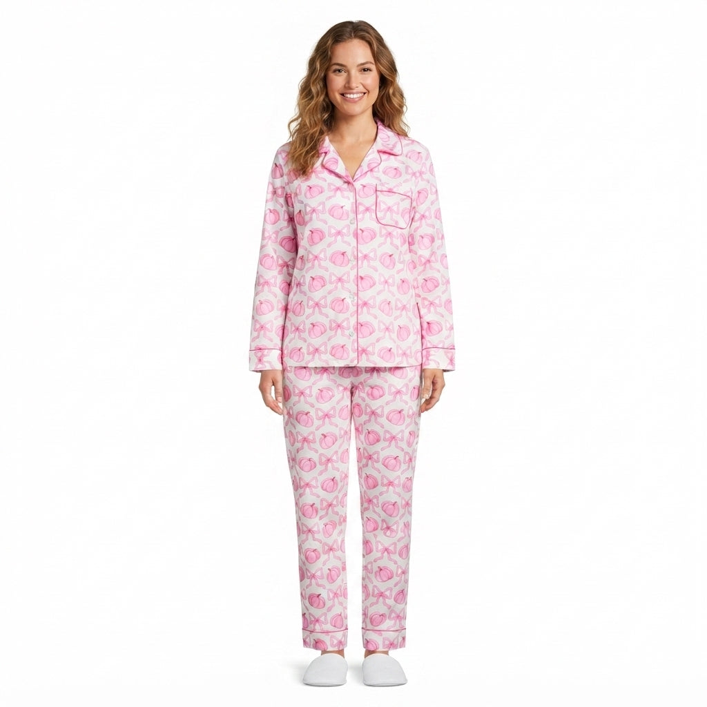 GLP3423 Pumpkin Bows Pink Print Woman Fall Buttons Pajamas Clothes Set