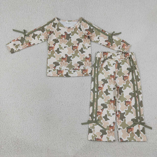 GLP3428 Deer Camo Print Raglan Sleeve Top Straight Pockets Pants Girls Hunting Clothes Set