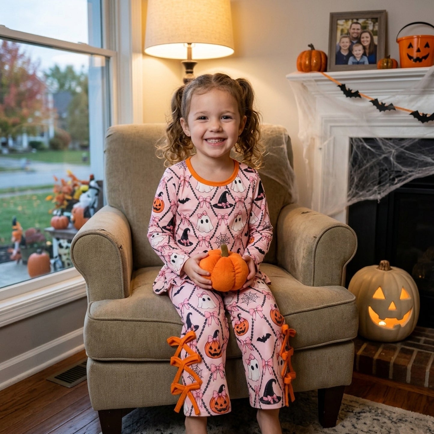 GLP3434 Pumpkin Ghost Bows Scallop Top Straight Pants Girls Halloween Clothes Set
