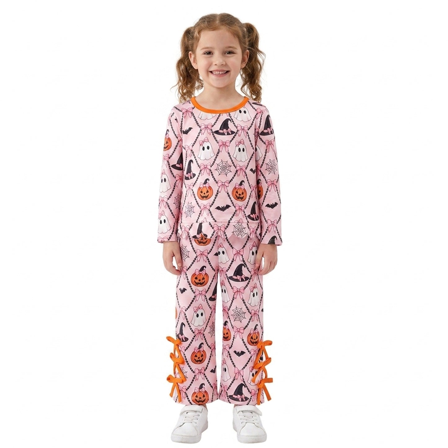 GLP3434 Pumpkin Ghost Bows Scallop Top Straight Pants Girls Halloween Clothes Set
