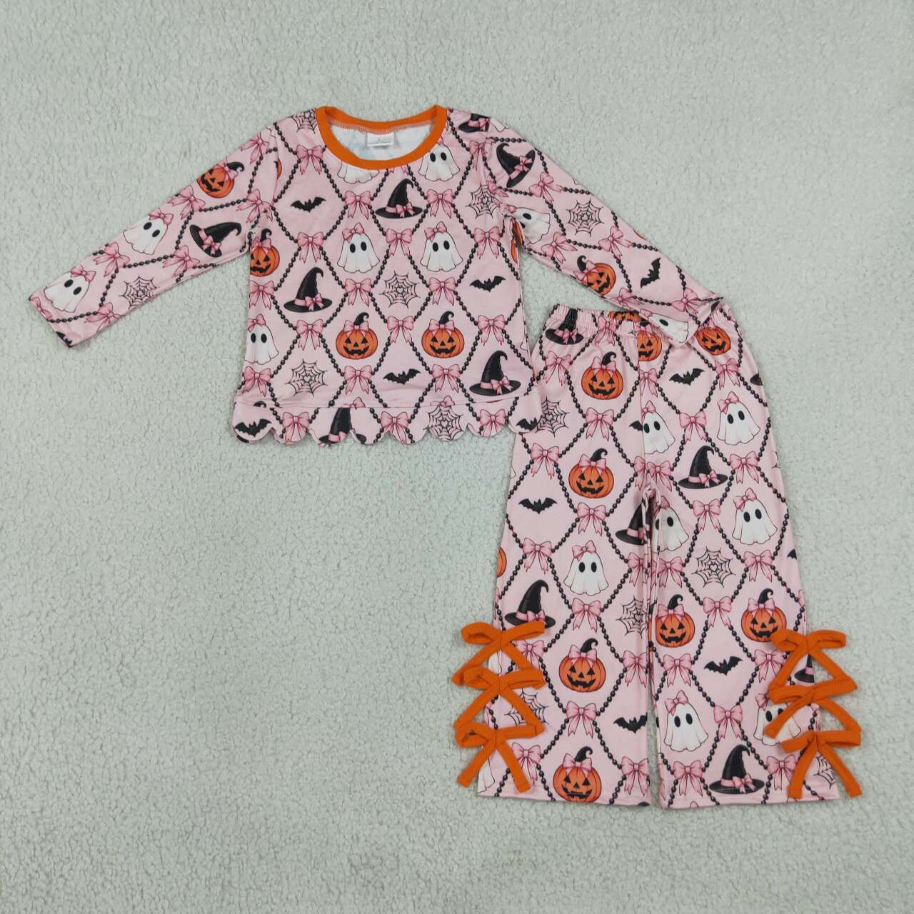 GLP3434 Pumpkin Ghost Bows Scallop Top Straight Pants Girls Halloween Clothes Set