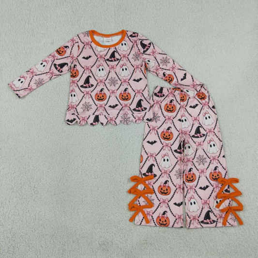 GLP3434 Pumpkin Ghost Bows Scallop Top Straight Pants Girls Halloween Clothes Set