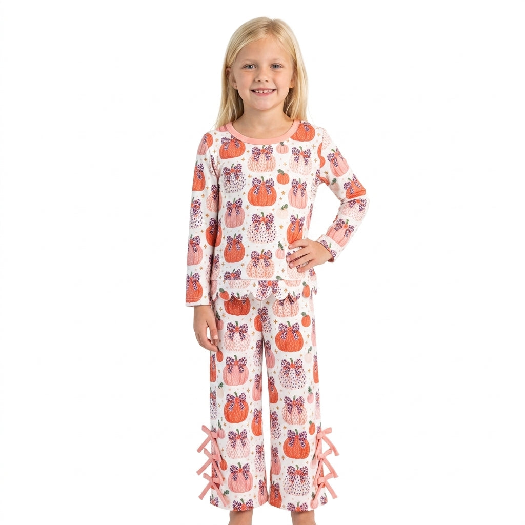 GLP3435 Pumpkin Bows Scallop Edge Top Bows Straight Pants Girls Fall Clothes Set