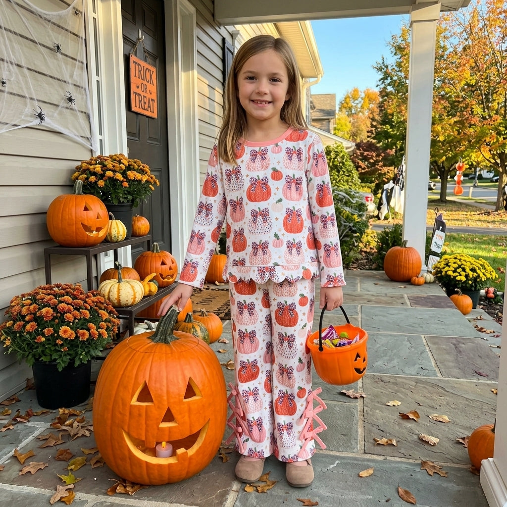 GLP3435 Pumpkin Bows Scallop Edge Top Bows Straight Pants Girls Fall Clothes Set