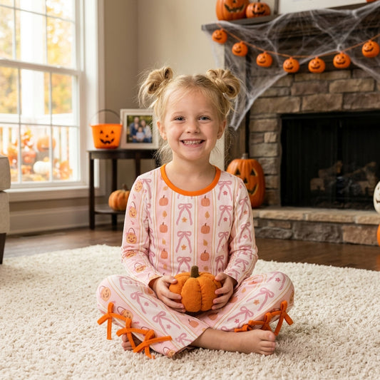 GLP3436 Pumpkin Bows Flowers Scallop Top Straight Pants Girls Halloween Clothes Set