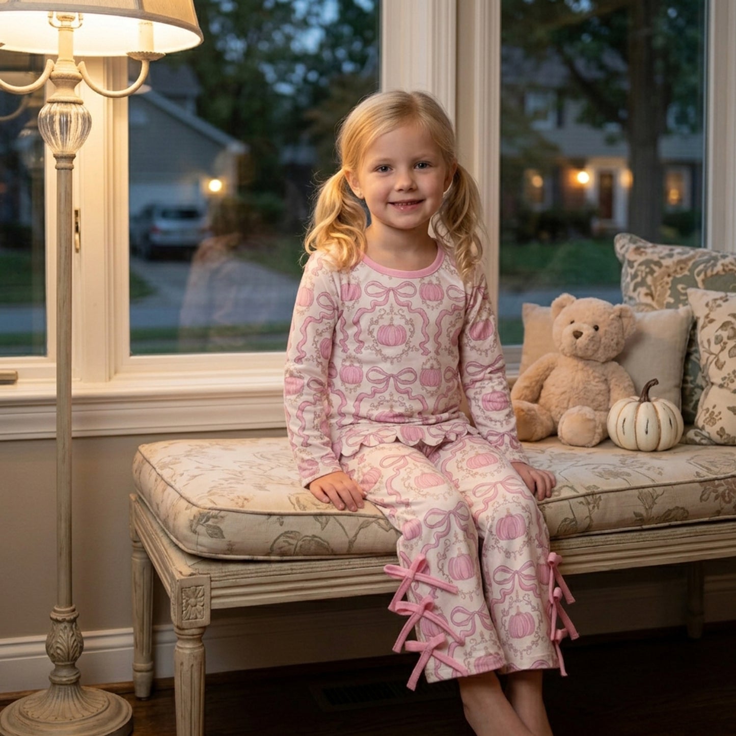 GLP3437 Pumpkin Bows Pink Scallop Top Straight Pants Girls Fall Clothes Set