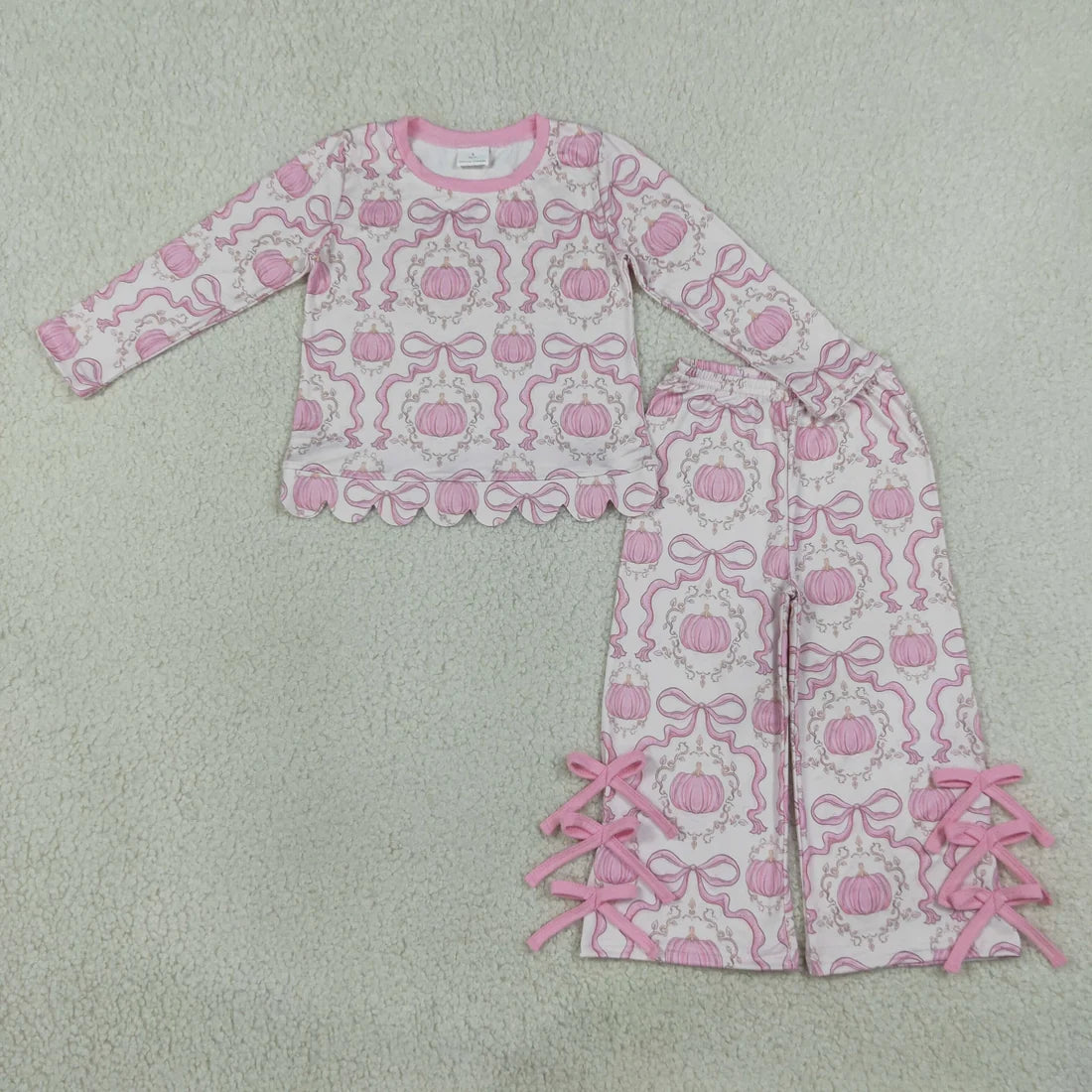 Sibling Baby  Girls Bows Pumpkin Scallop Top with Flare Pants Outfit