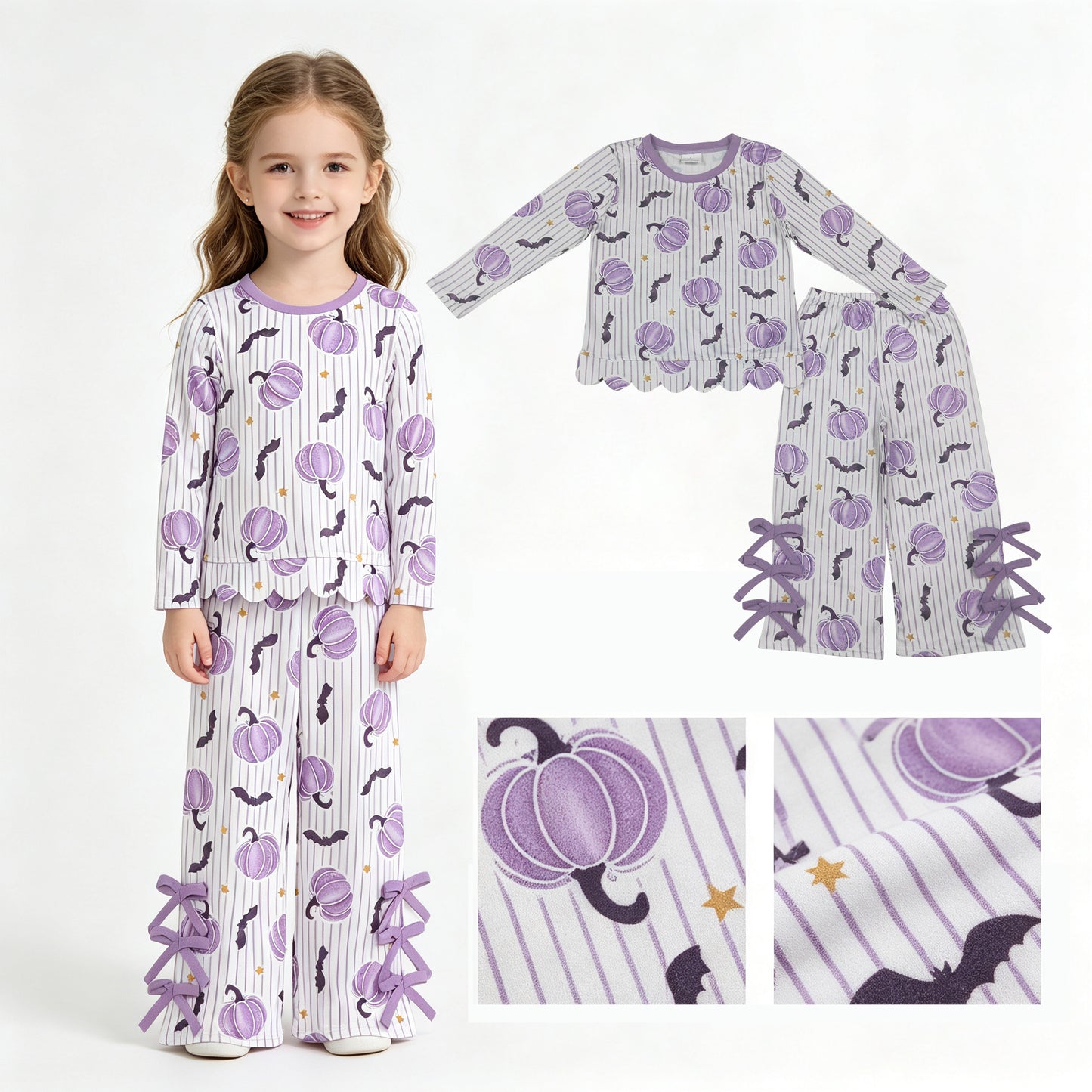 GLP3438 Pumpkin Bat Stripes Scallop Top Bows Pants Girls Halloween Clothes Set